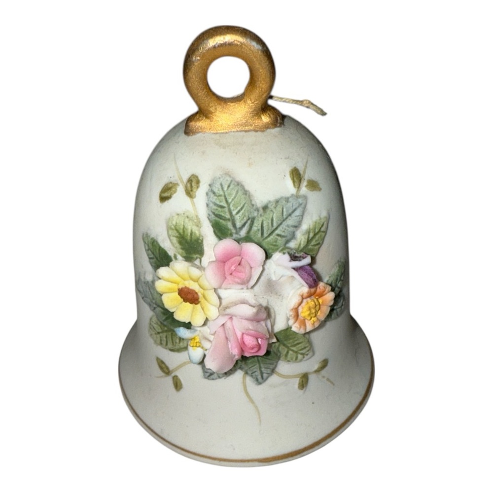Vintage Seto Ceramics Bell w 3D Floral Art Pattern & Heart Clapper Japan